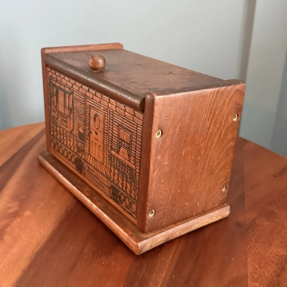 Vintage Wood Recipe Box Folk Art General Store Engraved Rustic Kitchen Decor